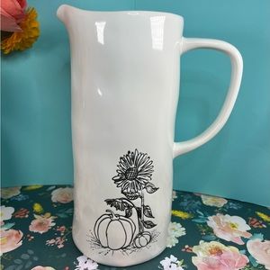 Pier 1 white 9.5" tall stoneware Vintage water pitcher stamped whimsy farmhouse